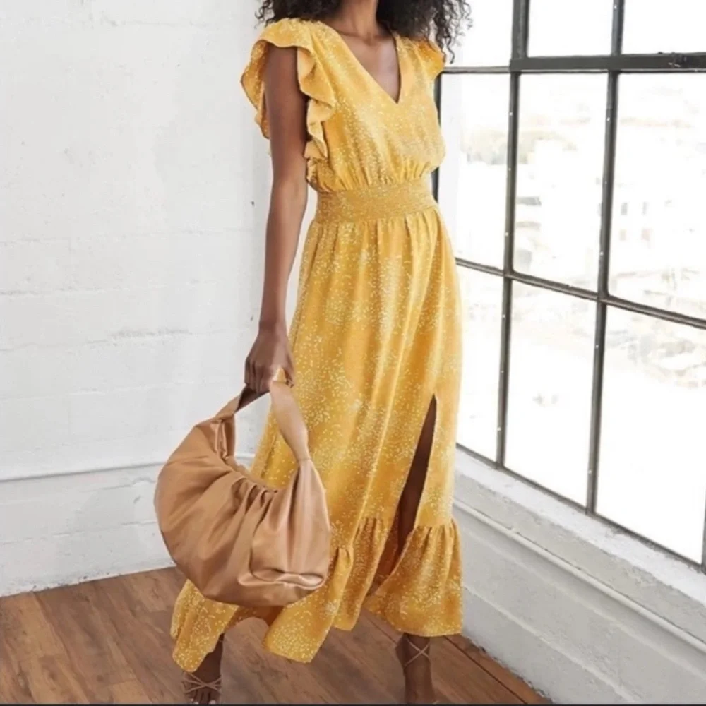 Express Printed Ruffle Sleeve Maxi Dress in Yellow - Picture 2 of 7